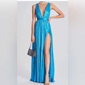 NWT RETROFETE Tova Shimmer Halter Dress in Aqua Blue, Size Small